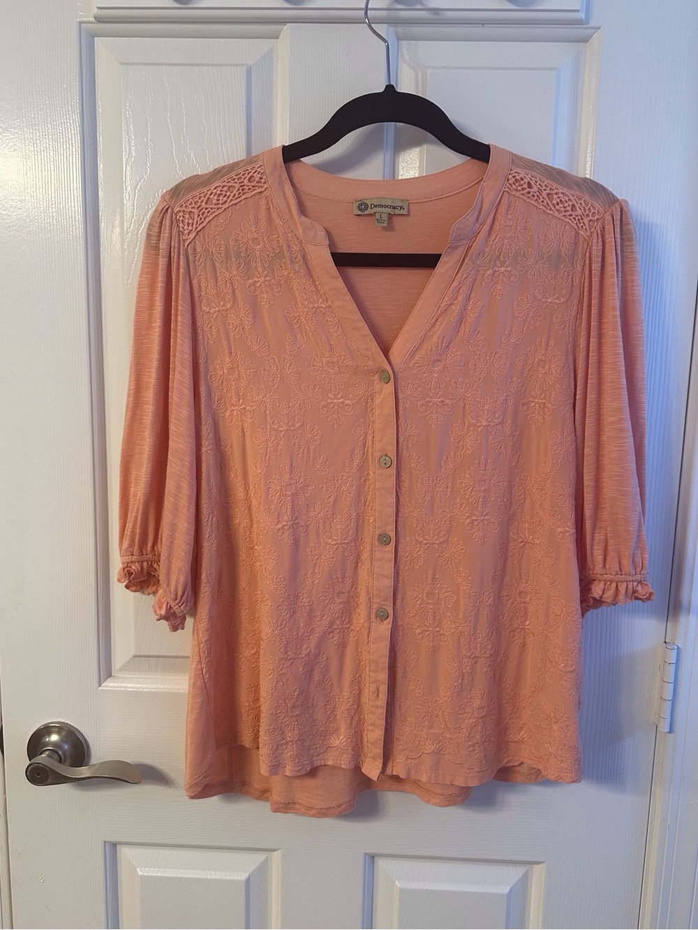 Democracy Peach Button-Front Blouse with Lace Yoke
